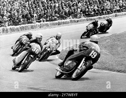 Die Teilnehmer des 250 ccm großen Preises der Niederlande verhandeln am 26. Juni 1965 in Assen (Niederlande) eine Kurve. Zu sehen sind der Italiener Pagani (Nr. 19), der Australier Garry Smith (Nr. 36), der Engländer Rex Avery (Nr. 16), der Rhodesian Bruce Beale (Nr. 4) und der Ungar Gyula Marsovszky (Nr. 30). Das Rennen gewann Britians Phil Read auf einer Yamaha am 29. Juni 1965 Stockfoto