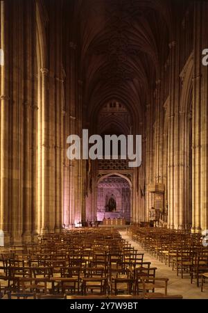 Canterbury Cathedral , Kent , England : eine Innenansicht , die die reich komplizierten Riffelungen des Quergewölbes im Kirchenschiff zeigt . Dies ist eines der ältesten und berühmtesten christlichen Bauwerke Englands. Stockfoto