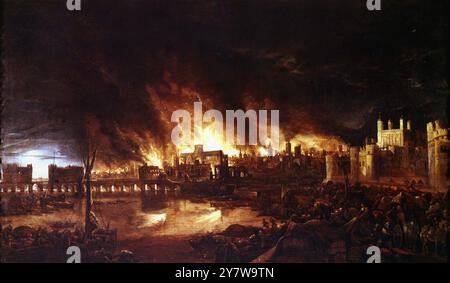 Detail der Malerei des Großen Feuers von London aus dem Jahr 1666 eines unbekannten niederländischen Künstlers, die das Feuer so darstellt, wie es am Abend des 4. September von einem Boot in der Nähe von Tower Wharf aus aufgetreten wäre. Der Tower of London befindet sich auf der rechten Seite und die London Bridge auf der linken Seite, mit der St. Paul's Cathedral in der Ferne, umgeben von den höchsten Flammen. ©TopFoto Stockfoto