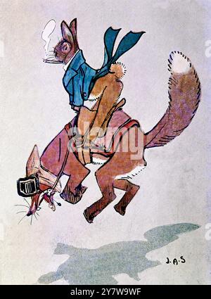 Brer Rabbit und Brer Fox - der Polizeicartoon Brer Rabbit ist eine zentrale Figur in den Uncle Remus Stories, die aus den afroamerikanischen Folktalen des Südens der Vereinigten Staaten abgeleitet sind. Die Geschichte dahinter ist, dass Brer Rabbit, um seinen Status wiedergutzumachen, nachdem er von Brer Fox's Tar Baby getäuscht wurde, rühmt, dass Brer Fox das Reitpferd für seine Familie war. Er überredet Brer Fox, einen Sattel und ein Zaumzeug anzuziehen und ihn zu Miss Meadows (ihren Nachbarfreunden) zu tragen. Auf dem Weg zieht Brer Rabbit Sporen an und reitet Brer Fox stolz bis zum Haus, um seinen Status als Top-Trickster wiederzuerlangen. In einer Version Stockfoto