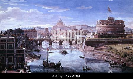 Veduta del TevereA Blick auf Rom mit der Brücke und dem Engelsburg am Tiber von Gaspare Vanvitelli (1653-1736) in der Galerie Arte Antica, Rom. ©TopFoto Stockfoto