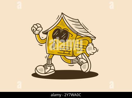 Walking House Maskottchen Figur Illustration im Vintage Retro Stil Stock Vektor