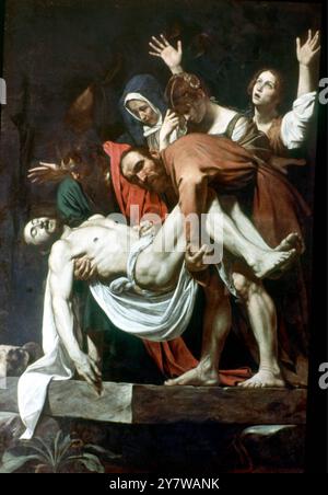 Deposition of Christ (Vatikan Pinacuteca) Deposition, 1602-4 (Öl auf Leinwand) Caravaggio, Michelangelo Merisi da (1571–1610) Vatikanische Museen und Galerien, Vatikanstadt, Italien Michelangelo Merisi da Caravaggio (29. September 1571–18. Juli 1610) war ein italienischer Künstler, der zwischen 1593 und 1610 in Rom, Neapel, Malta und Sizilien tätig war. Er wird häufig in der Barockschule platziert, auf die er einen prägenden Einfluss hatte. ©TopFoto Stockfoto