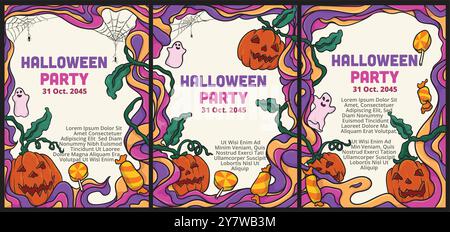 Gruseliges Monster Halloween Party Banner Konzept. Abstrakte geometrische Flüssigkeitsform. Monster halloween mit Hand gezeichnetem Banner Vorlage Vektor Illustration. Stock Vektor