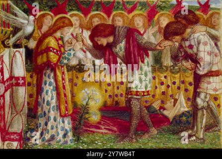 Entdeckung des Heiligen Grals - Sir Galahad von Dante Gabriel Rossetti - Tate Gallery wie Sir Galahad, Sir Bors und Sir Percival mit dem Sanc Grael geflossen wurden. Alle sind Ritter aus den mittelalterlichen Legenden über König Artus und seine Ritter. Die Szene zeigt die Pilger, die die Eucharistie im Heiligen Gefäß von einem Engel empfangen, der hinter der wundersamen Lilie steht. Hinter ihnen stehen rotgeflügelte Engel und links der Heilige Geist, der mit dem Erscheinen des Sanc Grael in Verbindung gebracht wird, in Form einer Taube, die ein goldenes Räuchergefäß im Schnabel trägt. Siehe: Dante Gabriel Rossetti. Wie Sir Galahad, S. Stockfoto