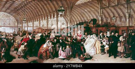 The Railway Station, 1863 (Öl auf Leinwand) von Frith Frith, William Powell (1819–1909) im Royal Holloway College New Walk Museum, Leicester City Museum William Powell Frith (19. Januar 1819 bis 9. November 1909), war ein englischer Maler, der sich auf Porträts und Erzählungen aus der viktorianischen Zeit spezialisiert hatte und 1852 in die Royal Academy gewählt wurde. ©TopFoto Stockfoto