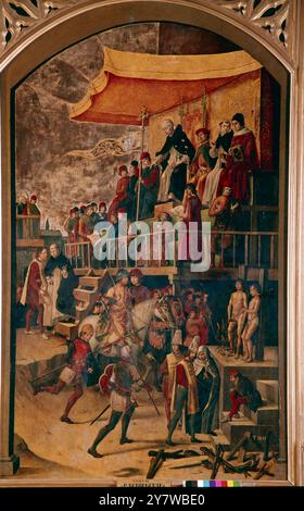 Auto de Fe Detail von 'Satz gegeben von der Inquisition in Anwesenheit des Heiligen Domingo' oder St. Dominic präsidiert über die Verbrennung der Ketzer von Berruguete - Spanische Inquisition im Prado Museum Pedro Berruguete (ca. 1450–1504) war ein spanischer Maler, seine Kunst gilt als Übergangsstil zwischen Gotik und Renaissance. 1480 ging er nach Italien und arbeitete am Hof von Federigo di Montefeltro in Urbino. 1482 kehrte er nach Spanien zurück und malte in mehreren Städten wie Sevilla, Toledo und Avila. Er war der Vater eines bedeutenden Bildhauers, Alonso Berruguete Stockfoto