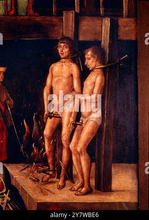 Auto de Fe (Detail) Detail des Satzes, der von der Inquisition in Gegenwart des Heiligen Domingo gegeben wurde oder St. Dominic präsidiert über die Verbrennung der Ketzer von Berruguete - Spanische Inquisition im Prado Museum Pedro Berruguete (ca. 1450–1504) war ein spanischer Maler, seine Kunst gilt als Übergangsstil zwischen Gotik und Renaissance. 1480 ging er nach Italien und arbeitete am Hof von Federigo di Montefeltro in Urbino. 1482 kehrte er nach Spanien zurück und malte in mehreren Städten wie Sevilla, Toledo und Avila. Er war der Vater eines bedeutenden Bildhauers, Alonso Berruguete. Stockfoto