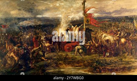 Die Schlacht am Standard, Northallerton - English V Scots von John Gilbert RA die Schlacht am Standard fand am 22. August 1138 in der Nähe von Northallerton in Yorkshire statt. Englische Abgaben von Yorkshire und den nördlichen Midlands, die sich um einen Wagen mit den geweihten Bannern von St Peter of York, St John of Beverley, St Wilfrid of Ripon und St Cuthbert of Durham bekleideten, besiegten die schottische Armee unter König David I. es war ziemlich ungewöhnlich, da es die einzige Schlacht war, in der die Schotten aus dem Süden angriffen. ©2006 Credit:TopFoto Stockfoto