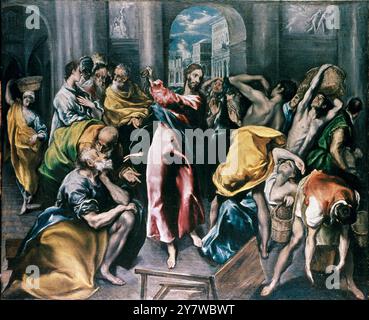 Christ Driving the Traders from the Temple, c.1600 (Öl auf Leinwand) Künstler Greco, El (Domenico Theotocopuli) (1541-1614) Ort National Gallery, London, Vereinigtes Königreich El Greco (mittelalterliches Kastilisch für „der Grieche“) ist der Name, unter dem Domênikos Theotokópoulos (1541, Fodele, Heraklion, Kreta, Griechenland bis 7. April 1614, Toledo, Spanien), ein griechisch-spanischer Maler, der Bildhauer und Architekt der spanischen Schule ist am bekanntesten. ©TopFoto Stockfoto