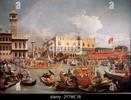 Canaletto - Bucintoro Venedig (Privatsammlung) - Giovanni Antonio Canal (Venedig, 7. Oktober 1697 - 19. April 1768), besser bekannt als Canaletto, war ein venezianischer Künstler, der für seine Landschaften oder Veduten Venedigs berühmt war. Sie dienten als Äquivalent gemalter Postkarten für diejenigen, die sich den Preis leisten konnten. Er war ein Sohn des Malers Bernardo Canal, daher sein Spitzname Canaletto. Sein Neffe Bernardo Bellotto war auch Landschaftsmaler, manchmal verwendete er den Namen Canaletto, um seine eigene Karriere voranzutreiben. - ©Topham Stockfoto