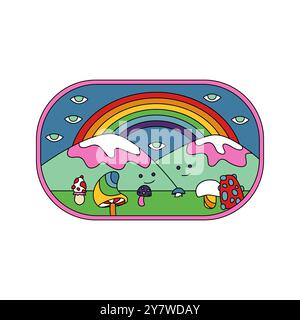 Grooviger Aufkleber mit psychedelischen Pilzen, Bergfiguren und Regenbogenvektorillustration Stock Vektor