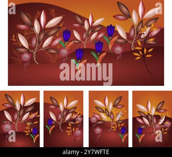 Eine zentrale horizontale Tafel zeigt eine Landschaft mit sanften Hügeln, die mit verschiedenen Pflanzen und Blumen geschmückt sind Stock Vektor