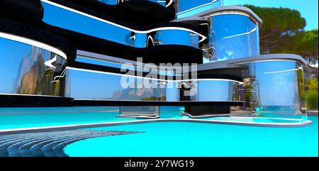 Geschwungene Glasfassade eines modernen Hotels mit innovativem Design am Meer. 3D-Rendering. Stockfoto