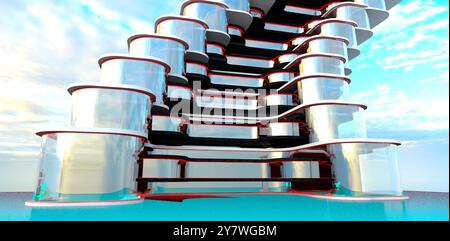 Die geschwungene Glasfassade futuristischer Immobilien nach der Überschwemmung der Erde durch ein azurblaues Meer. 3D-Rendering. Stockfoto