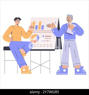 Verschiedene Geschäftsleute analysieren Daten auf einer Präsentationstafel. Zusammenarbeit in einem professionellen Umfeld. Planung und Strategieplanung für Geschäftswachstum. Vektorabbildung. Stock Vektor