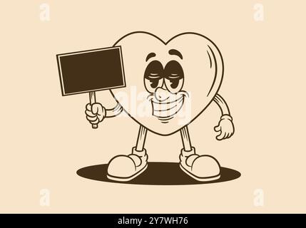 Vintage Retro Maskottchen Charakter eines Herzens, das ein leeres Brett hält Stock Vektor