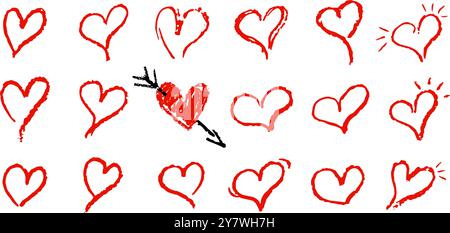 Set mit roten Herzzeichen, gezeichnet mit Wachsstift. Liebessymbole im Doodle-Stil. Kollektion handgezeichneter Kinderherzen für valentinskarte oder Rock Stock Vektor