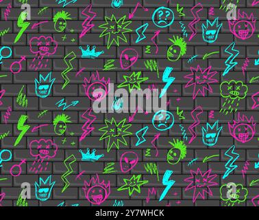 Nahtloses Grunge Rock-Muster mit farbenfrohen Elementen an der Ziegelwand. Vektorwachsstift zeichnendes Gesicht mit Zunge heraus, Zeichentrickblitz wie Stock Vektor