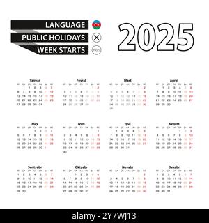 Kalender 2025 in aserbaidschanischer Sprache, die Woche beginnt am Montag. Vektorkalender 2025 Jahre. Stock Vektor