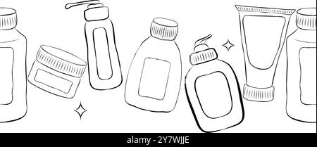 Nahtloses Vektormuster von verschiedenen Umrissflaschen, Röhrchen, Flakons, Kosmetikprodukten im Doodle-Stil. Textur zum Thema Schönheitsindustrie, Hautpflege, Stock Vektor