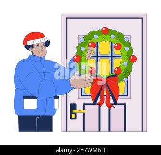 Puffer Coat man hängt Weihnachtskranz an der Vordertür 2D-Zeichentrickfigur Stock Vektor