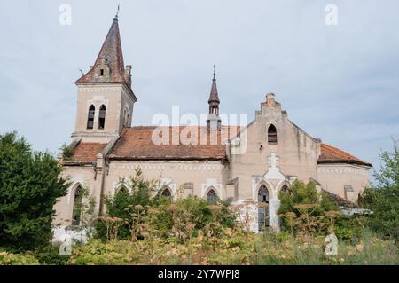 Rätselhafte Ruinen einer einst majestätischen Kirche, umgeben von der Umarmung der Natur. Stockfoto