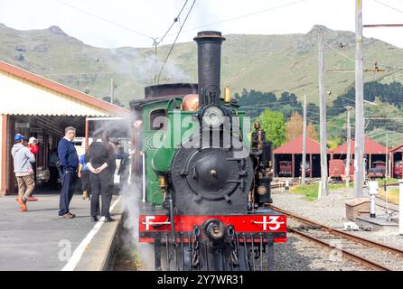 Peveril Dampfzug am Bahnhof Moorhouse, Ferrymead Heritage Park, Ferrymead, Christchurch (Ōtautahi), Canterbury, Neuseeland Stockfoto