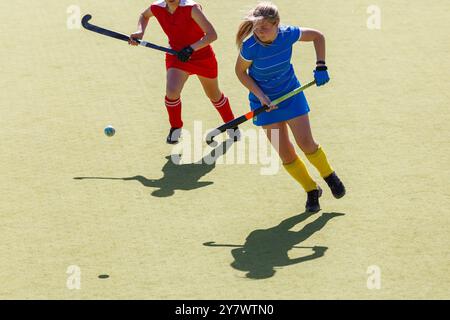 Zwei weibliche Feldhockeyspieler kämpfen auf dem Spielfeld um den Ball. Stockfoto