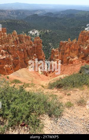 Blick auf geologische Kräfte, die Schichten in Hoodoos verwittern, vom Agua Canyon Overlook, Bryce Canyon National Park, SE Utah. Stockfoto