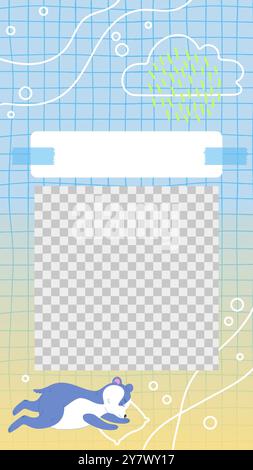 Niedliche Story-Vorlage mit pastellfarbenem Hintergrund mit einem Schlafbären, einer Regenwolke und einem Notizblock-Design. Handgezeichnete Elemente mit einem Gittermuster Stock Vektor
