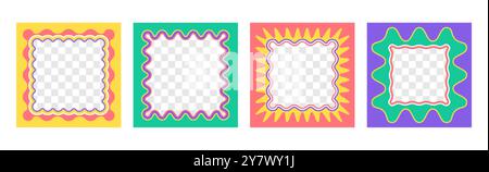 Vektorsatz aus quadratischen wellenförmigen Rahmen mit Muschelkanten. Verrenkeln Sie den Fotorand mit Zickzackrand. Groovige Formen, farbenfrohe geometrische Rahmen für Textfelder oder kurvige Spiegel mit zerklüfteten Rändern Stock Vektor