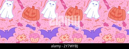 Niedliches, nahtloses Halloween-Muster. Katzengeist, Kürbis, Fledermaus, Süßigkeiten. Stock-Vektor-Illustration im Cartoon-Stil Stock Vektor