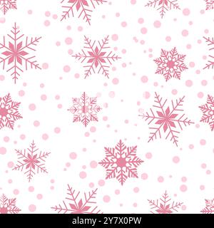 Pinke Schneeflocken und Polka Dots sorgen für ein nahtloses Muster auf weißem Hintergrund. Vektorabbildung. Perfekt für Wintermotive und festliche Designs Stock Vektor