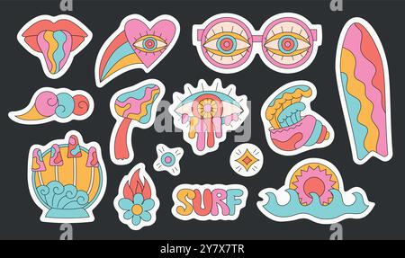 Sommer groovige Cartoon Surf, Welle, Shell, Brille, Augenaufkleber Blatt. Trippige, helle Sticker. Stock Vektor