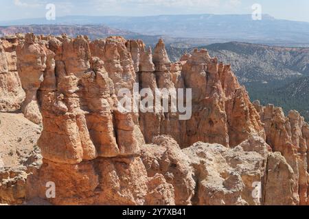 Freistehende, geologische Erosionsreste, konische vertikale Hoodoos vom Aussichtspunkt Ponderosa Canyon, Bryce Canyon National Park, Utah. Stockfoto