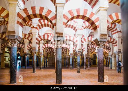 Cordoba, Mezquita Kathedrale, 179 x 134 Meter, mit 856 Säulen, aus Jaspice, Marmor, Onyx, Porphyr, verbunden durch rote und weiße Hufeisenbögen, Stockfoto