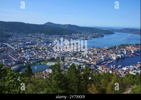 Panoramablick auf eine Küstenstadt mit Hafen und verschiedenen Gebäuden, umgeben von Bergen und Wasser unter klarem Himmel, Floibanen Bergstadion Stockfoto