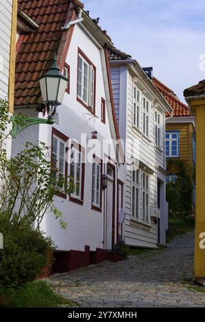 Historisches Stadtzentrum von Bergen mit engen Gassen und Kopfsteinpflaster umgeben von traditionellen Fachwerkhäusern und Pflanzen, friedlicher Atmosphäre und Stockfoto