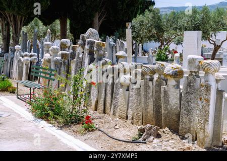 Muslimischer Friedhof (Marenciye Mohammedan Friedhof von Kos) in Platani auf der Insel Kos in Griechenland Stockfoto