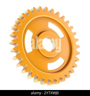 Goldenes Zahnrad, Kupferzahnrad. 3D-Rendering isoliert auf weißem Hintergrund Stockfoto
