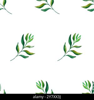 Botanisches Blatt. Einfaches nahtloses Muster einer Pflanze, gemalt mit Aquarell auf transparentem Hintergrund. Für Ihr Design Stockfoto