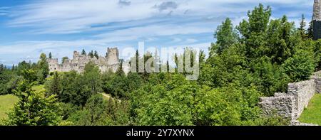 Blick von der Burgruine Eisenberg auf die Burgruine Hohenfreyberg im Ostallgäu bei Pfronten, Bayern, Deutschland, Europa Stockfoto