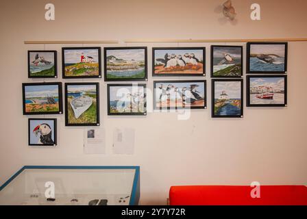 Drucke von Papageientauchern und Leuchtturm in der Colony of Avalon Visitors Centre Schild an der Pool Road in Ferryland, Neufundland & Labrador, Kanada Stockfoto