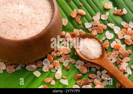 Himalaya Rosa feines Salz – Salz in reinen Kristallen in der Schüssel und dem Löffel. Stockfoto