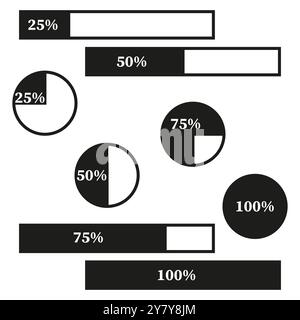 Prozentbalken und Tortendiagramme. Schwarzweiß-Fortschrittsanzeigen. Datenvisualisierungselemente. Infografik-Vektordesign. Stock Vektor