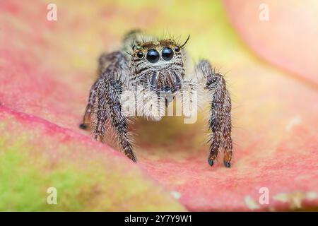 Die springende Spinne steht auf einem Blütenblatt, ihre großen Augen und behaarten Beine sind deutlich sichtbar im Fokus. Stockfoto