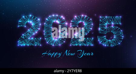 Frohe Neujahrskarte 2024. Flaches Polyesterdesign. Zahlen aus einem vieleckigen Drahtmodellnetz. Abstrakte Vektordarstellung auf dunklem Hintergrund. Stock Vektor
