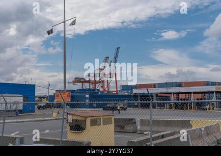 New York, New York, USA. Oktober 2024. Im Hintergrund sind Leerlaufkräne zu sehen, als Longshoremen am 1. Oktober 2024 am Red Hook Terminal in Brooklyn, New York, Streik begann und einen fairen Vertrag forderte, einschließlich einer Unterbrechung der Nutzung neuer Technologien für die Automatisierung von Containern. (Kreditbild: © Lev Radin/ZUMA Press Wire) NUR REDAKTIONELLE VERWENDUNG! Nicht für kommerzielle ZWECKE! Stockfoto