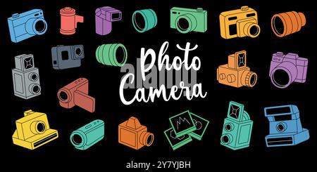 Fotokameraset. Professionelle Fotografie. Objektiv mit Blenden, Video- und Action-Cam, Sofortkamera. Vektorabbildung. Stock Vektor